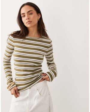 Gina Tricot Jersey Rib Round Neck Long Sleeve Top - Brown