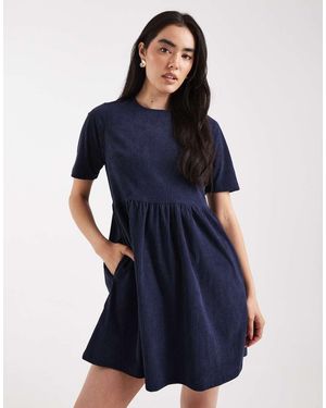 Threadbare Mini-Jurk Van Katoenen Corduroy Met Korte Mouwen - Blauw