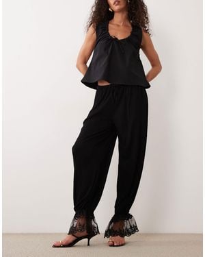 ASOS Co-ord Crinkle Balloon Trouser With Lace Trim Hem Detail - Black