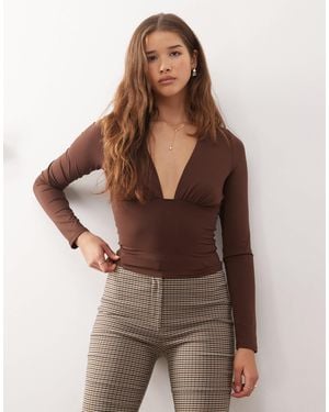 Collusion Deep V Slinky Long Sleeve Top - Brown