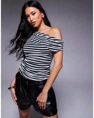 Kaiia Exclusive Double Layered Slinky Mesh Drape Off Shoulder Top - Gray