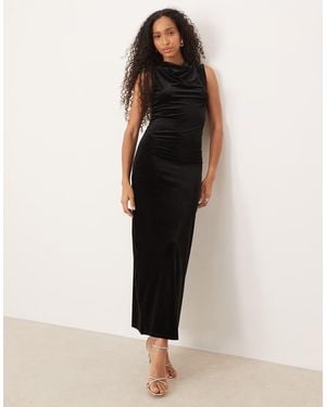 Vila High Neck Velvet Ruched Maxi Dress - Black