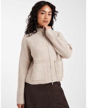 ASOS Knitted Fisherman Rib Bomber Jacket With Pocket Detail - Natural