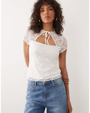 Miss Selfridge Short Sleeve Tie Neck Lace Top - White