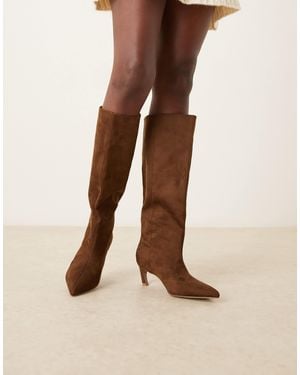 Asos Design Wide Fit Carmel Pull-On Kitten Heeled Knee Boots - Natural