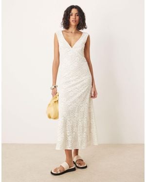 ASOS Lace V Front Midi Dress With Frill Hem - Natural