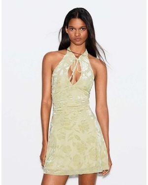 Bershka Flocked Tulle Halter Dress - Green