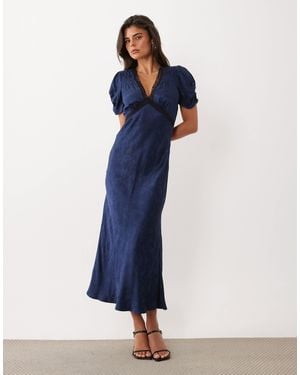 Nobody's Child Nicolette Satin Plunge Neck Lace Detail Cap Sleeve Slip Midi Dress - Blue