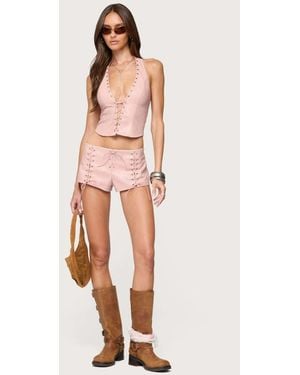 Edikted Elisha Lace Up Faux Leather Shorts - Pink