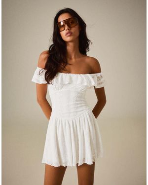 Bershka Bardot Neckline Lace Dress - Natural