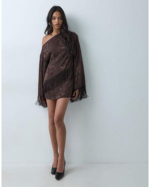 ASOS Satijnen Jacquard Mini Jurk Met Blote Schouders En Franje - Bruin