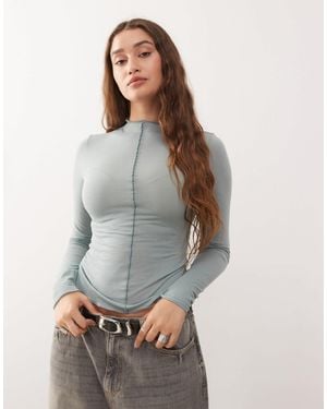 Monki Long Sleeve Sheer T-shirt With Front Seam Detail - Gray