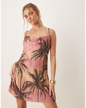ASOS Vestito Corto Plissé Con Spalline Sottili E Stampa Di Palme - Rosa