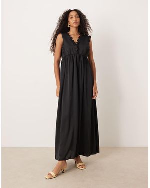 Y.A.S Plunge Front Scallop Edge Detail Satin Maxi Dress - Black