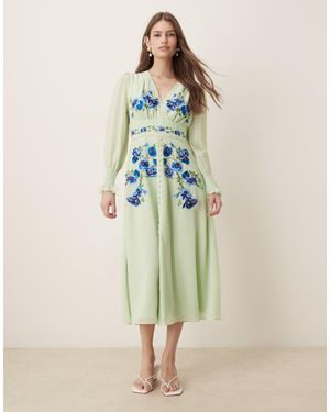 Hope & Ivy Vestito Midi A Portafoglio Menta Con Maniche Trasparenti E Ricami - Verde