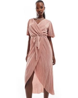 AX Paris Short Sleeve Wrap Plisse Midi Dress - Pink
