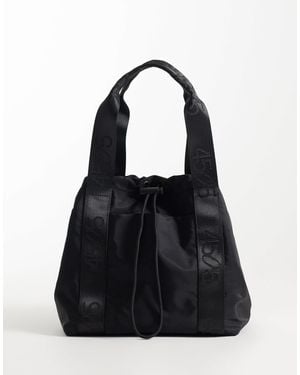 4505 Woven Adjustable Drawstring Bucket Bag With External Pocket - Black