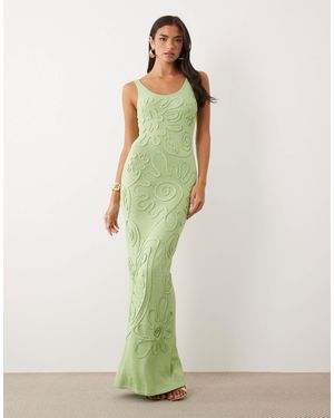 Wanderdoll Sunnie Knitted Abstract Detail Tie Back Maxi Dress - Green