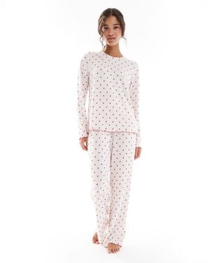 Loungeable Geborsteld Geribbelde Top Met Lange Mouwen En Broek - Wit