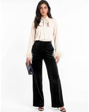 Lovedrobe Pussybow Collar Feather Cuffs Satin Blouse - White