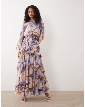 ASOS Long Sleeve Blouson Maxi Dress With Gauged Ruched Waist Detail - Pink