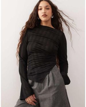 Weekday Sheer Mesh Stripe Asymmetric Long Sleeve Top - Black