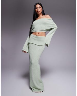 Wanderdoll Yasmin Boucle Knit Dramatic Foldover Maxi Skirt Co-ord - Gray