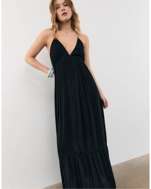 Stradivarius Long Crepe Dress With Beading Straps - Blue