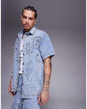 Liquor N Poker Camicia Di Jeans Chiaro Con Applicazioni Sfrangiate - Blu