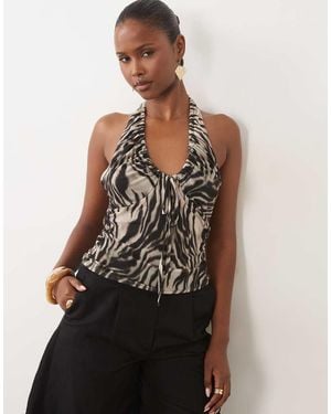 ASOS Mesh Top Met Lage Ronde Hals, Gerimpeld Halternek - Meerkleurig