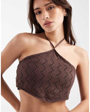 4th & Reckless Cotton Rich Zig Zag Knit Halterneck Beach Top Co-ord - Brown