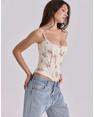 House Of Cb Cadie Ivory Vintage Rose Print Cotton Corset Top - White