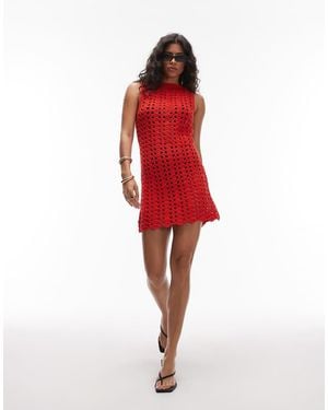 TOPSHOP Premium Hand Knitted Crochet Mini Dress - Red