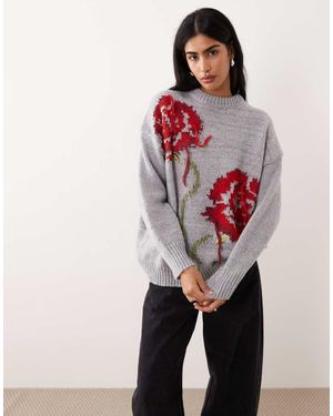 ASOS Rose Embroidered Oversized Jumper - Grey