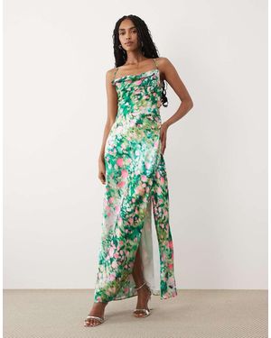Hope & Ivy Vestido Largo Verde De Tirantes Con Estampado Floral, Cuello Desbocado, Espalda Abierta Y Lazada De Satén-Blanco