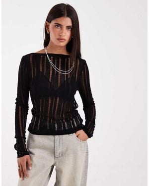 ASOS Fijngebreide Top Met Lange Mouwen En Opengewerkt Detail - Zwart