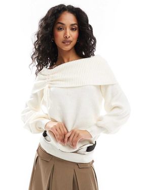 Pimkie Knitted Bardot Ruched Detail Jumper - White