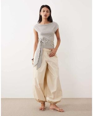 Gina Tricot Asymmetric Shoulder Top With Tie Waist Detail - Natural
