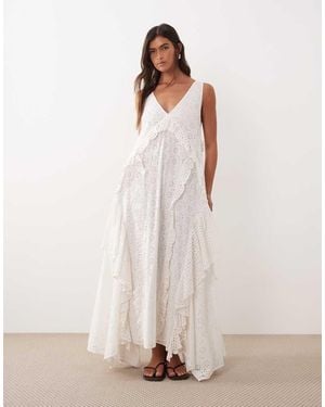 ARRANGE Broderie Ruffled V Neck Maxi Dress - Natural