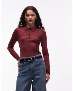 ASOS Soft Semi Sheer Long Sleeve Polo Shirt - Red