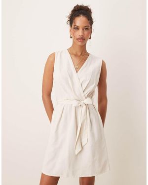 Vila Linen Blend Wrap Front Mini Dress With Tie Belt - Natural