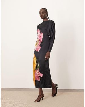 ARRANGE Dripping Floral Embroidered Strong Shoulder Open Back Maxi Dress - Natural