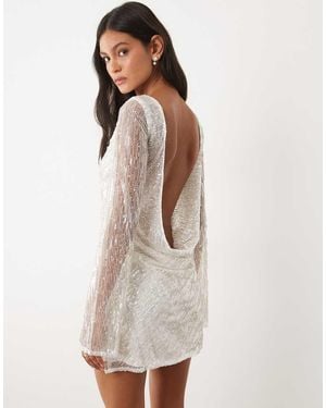 JW PEI Bridal Sequin Slash Neck Low Cowl Back Mini Dress - White