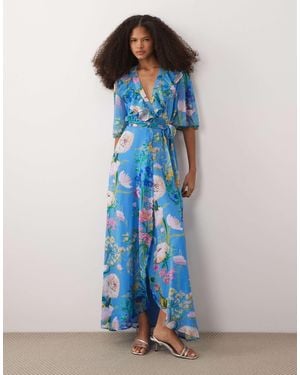 Hope & Ivy Flutter Sleeve Maxi Wrap Dress With Tie Waist - Blue