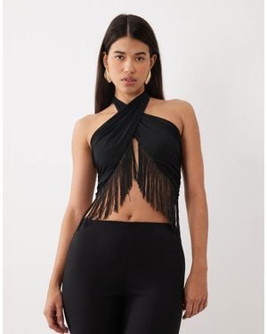 ASOS Top mit fransen und drapierung, , mit neckholder - Schwarz