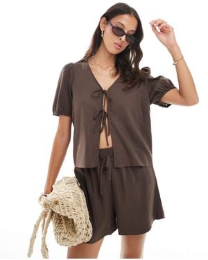 Pieces Tie Detail Short Sleeve Top Co-ord - Brown