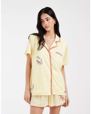 Loungeable 'bellisimo' Woven Revere Top And Shorts Pyjama Set - Natural