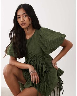 Ghospell Ruched Asymmetric Hem Floaty Top Co-Ord - Green
