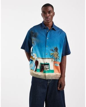 ASOS Oversized Holiday Print Shirt With Linen - Blue