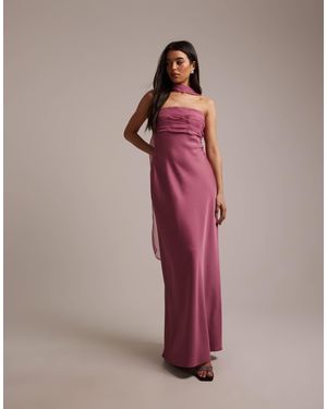 Six Stories Bridesmaids Satin Bandeau Pleated Bust Detail Scarf Detail Maxi Dress - Pink